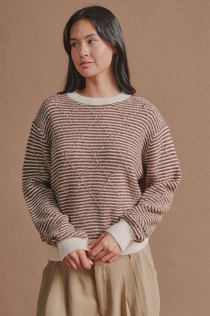 Diamond Textured Stripe Knit Sweater in Brown - Women's Wholesale Sweaters | Trend Notes