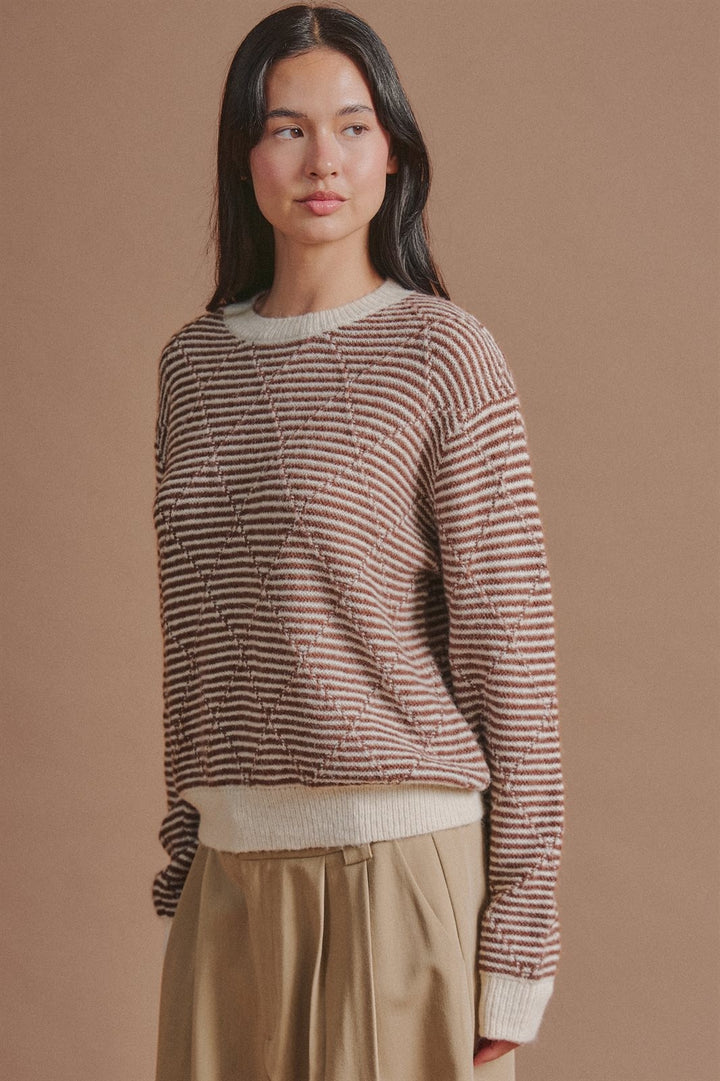 Diamond Textured Stripe Knit Sweater in Brown - Women's Wholesale Sweaters | Trend Notes