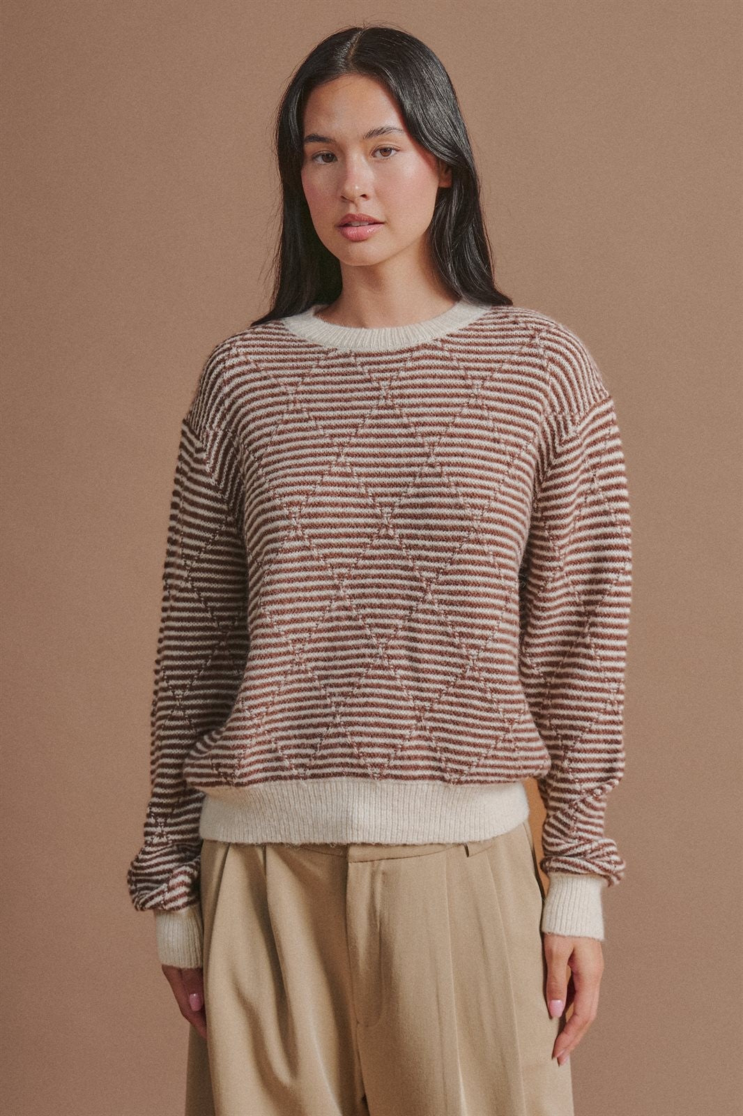 Diamond Textured Stripe Knit Sweater in Brown - Women's Wholesale Sweaters | Trend Notes