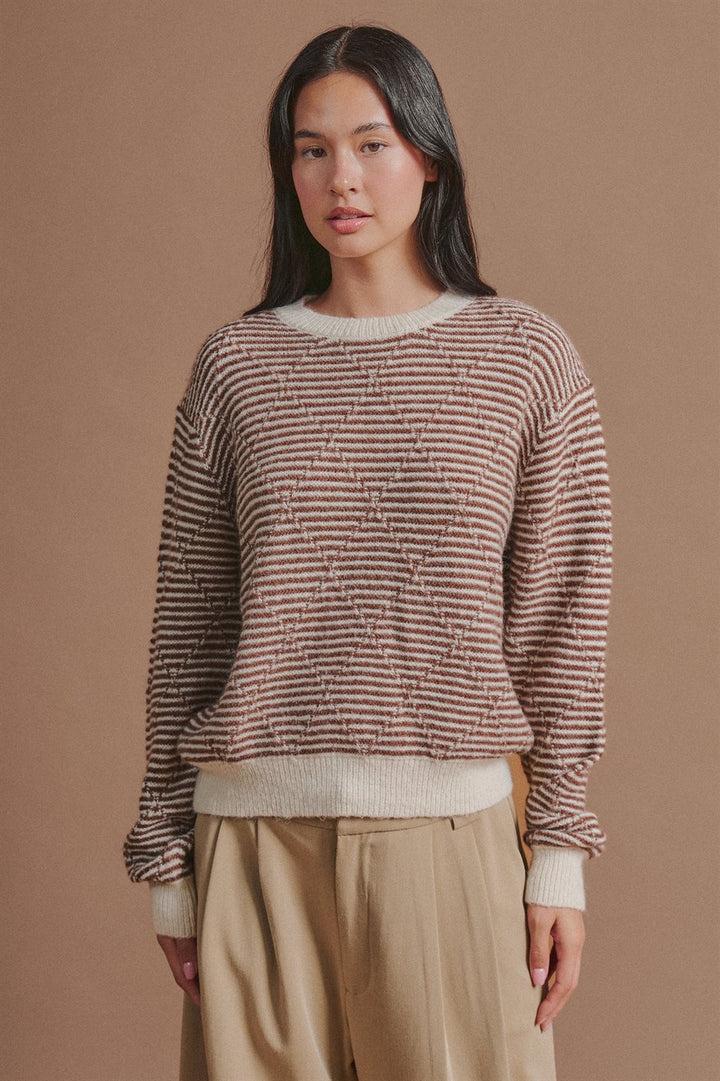 Diamond Textured Stripe Knit Sweater in Brown - Women's Wholesale Sweaters | Trend Notes