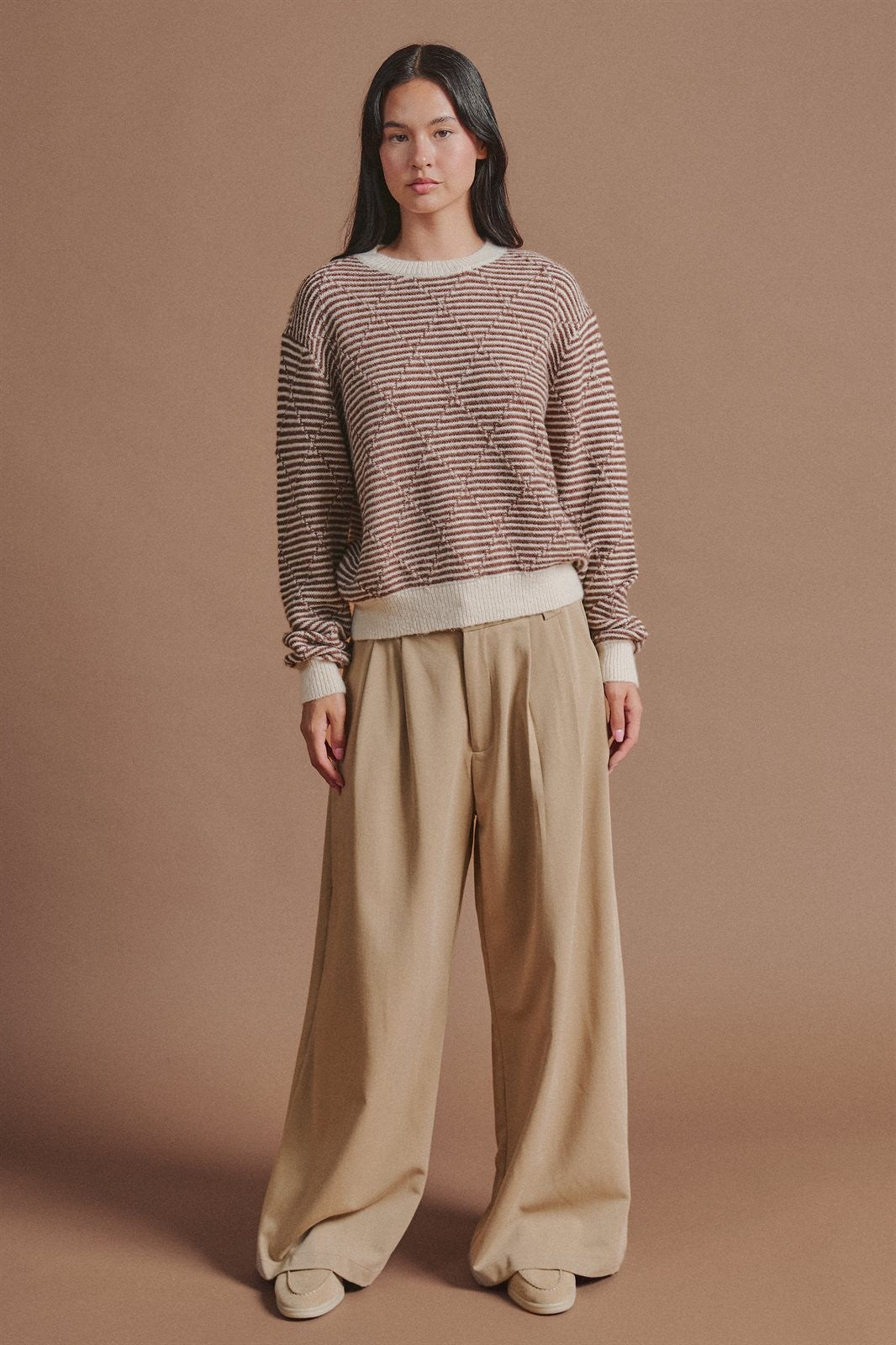 Diamond Textured Stripe Knit Sweater in Brown - Women's Wholesale Sweaters | Trend Notes