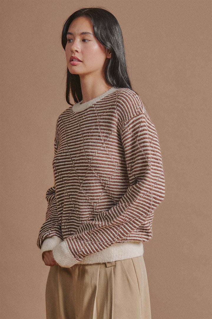 Diamond Textured Stripe Knit Sweater in Brown - Women's Wholesale Sweaters | Trend Notes