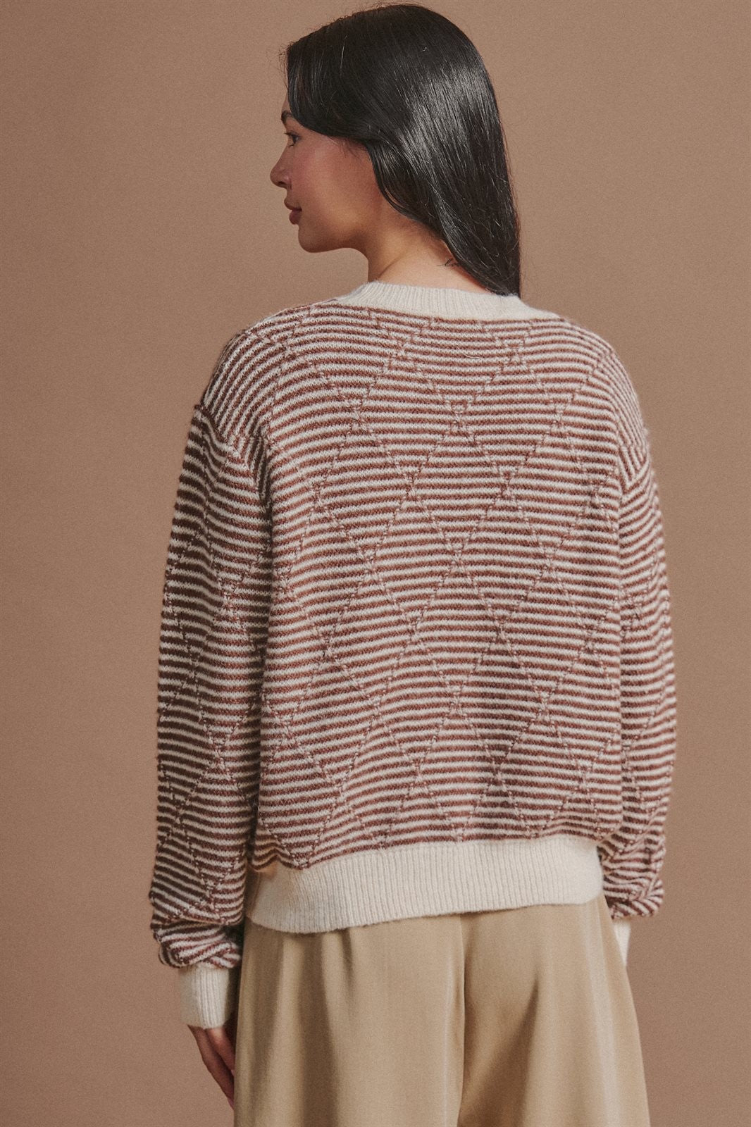 Diamond Textured Stripe Knit Sweater in Brown - Women's Wholesale Sweaters | Trend Notes