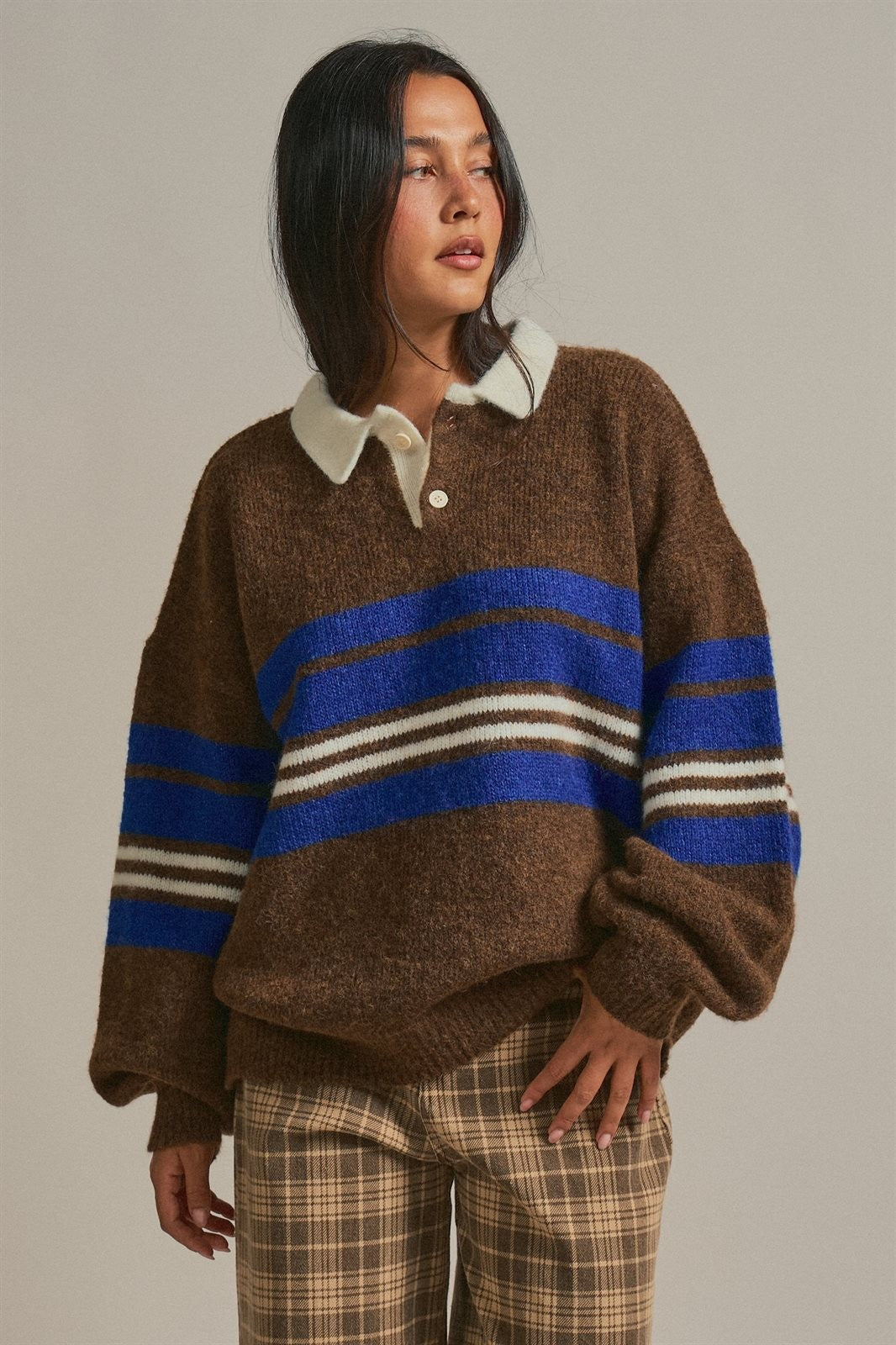 Striped Rugby Polo Sweater with Contrast Collar Wool Blend in Brown - Women's Wholesale Sweaters | Trend Notes