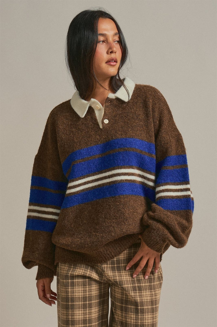 Striped Rugby Polo Sweater with Contrast Collar Wool Blend in Brown - Women's Wholesale Sweaters | Trend Notes