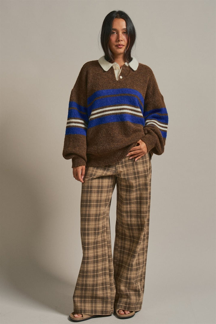 Striped Rugby Polo Sweater with Contrast Collar Wool Blend in Brown - Women's Wholesale Sweaters | Trend Notes