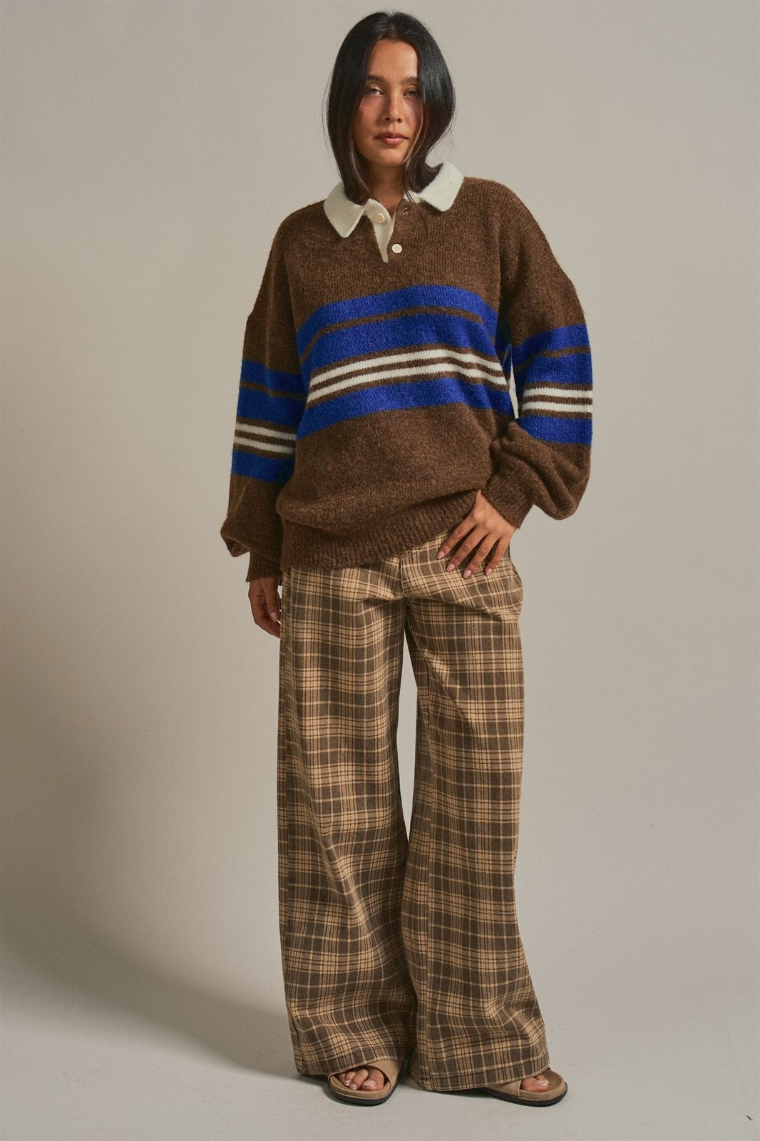Striped Rugby Polo Sweater with Contrast Collar Wool Blend in Brown - Women's Wholesale Sweaters | Trend Notes