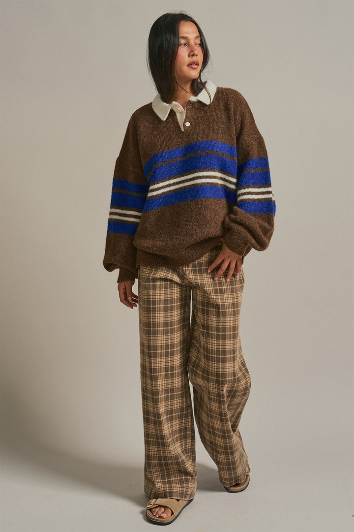 Striped Rugby Polo Sweater with Contrast Collar Wool Blend in Brown - Women's Wholesale Sweaters | Trend Notes