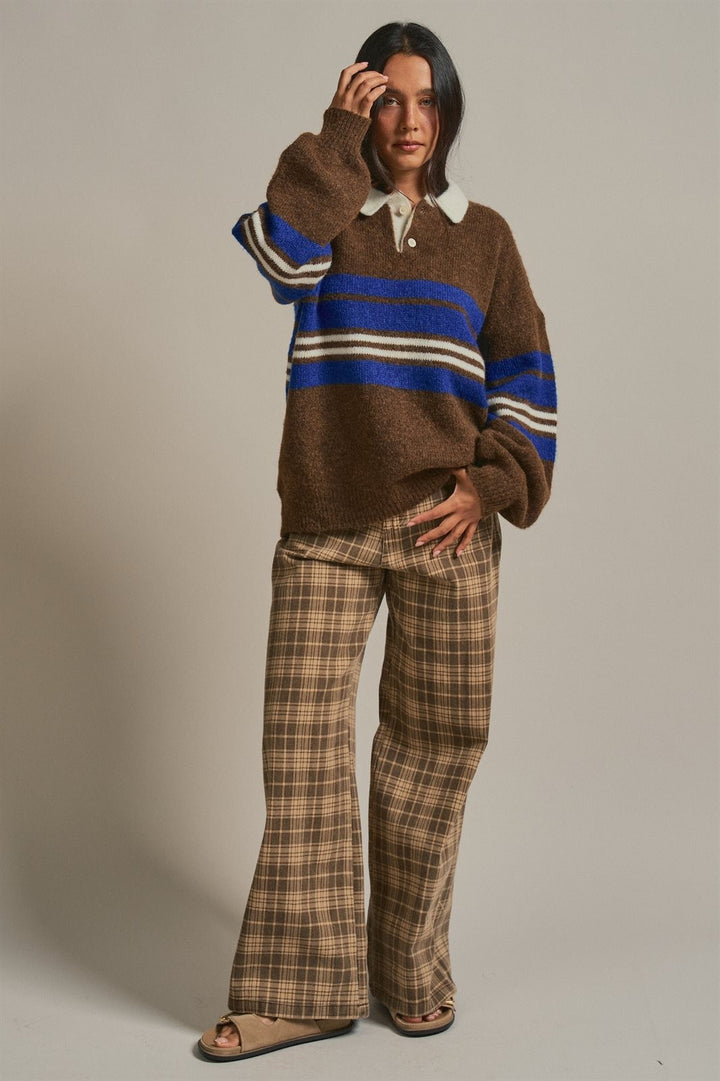Striped Rugby Polo Sweater with Contrast Collar Wool Blend in Brown - Women's Wholesale Sweaters | Trend Notes