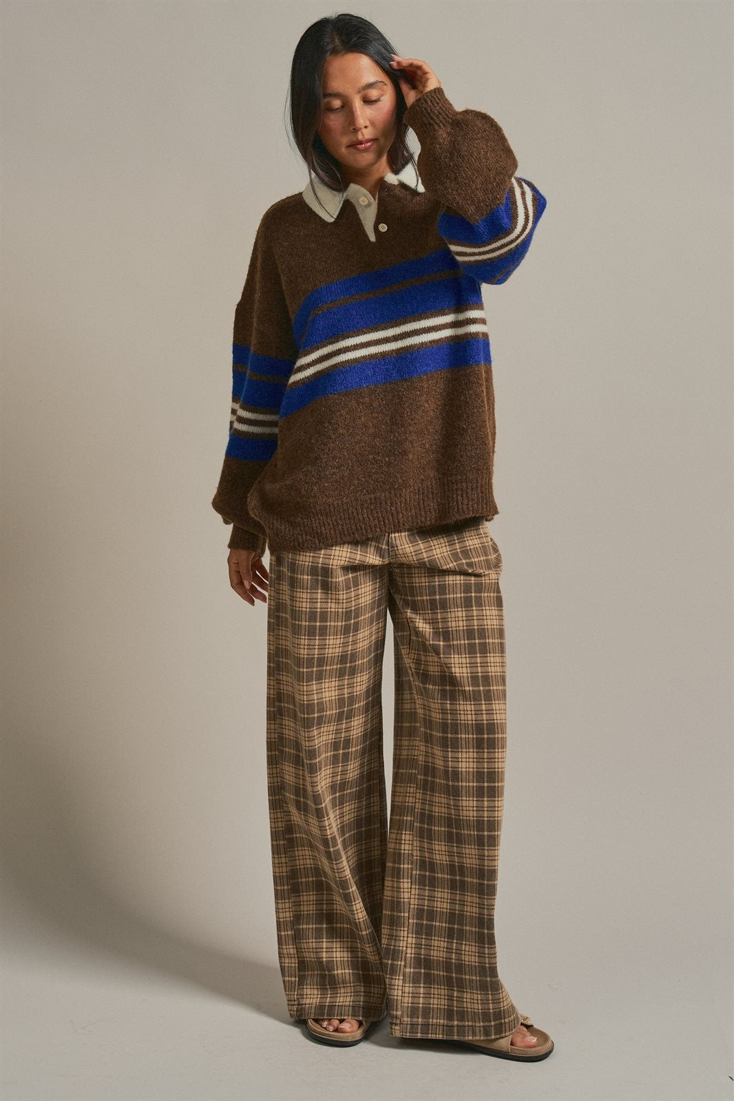 Striped Rugby Polo Sweater with Contrast Collar Wool Blend in Brown - Women's Wholesale Sweaters | Trend Notes
