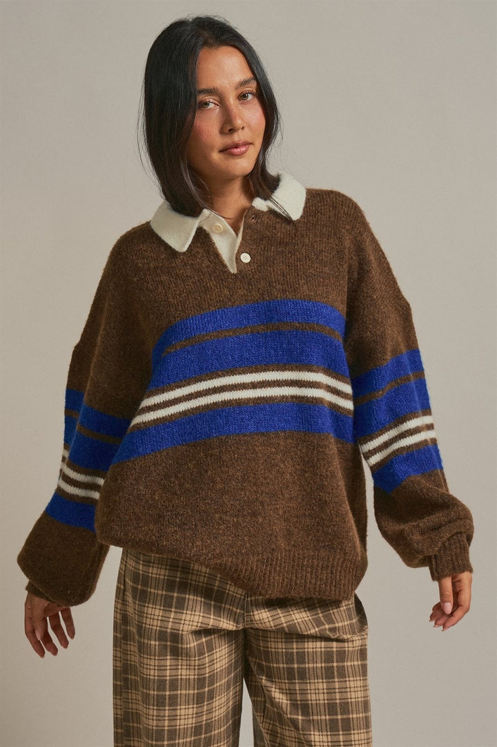 Striped Rugby Polo Sweater with Contrast Collar Wool Blend in Brown - Women's Wholesale Sweaters | Trend Notes