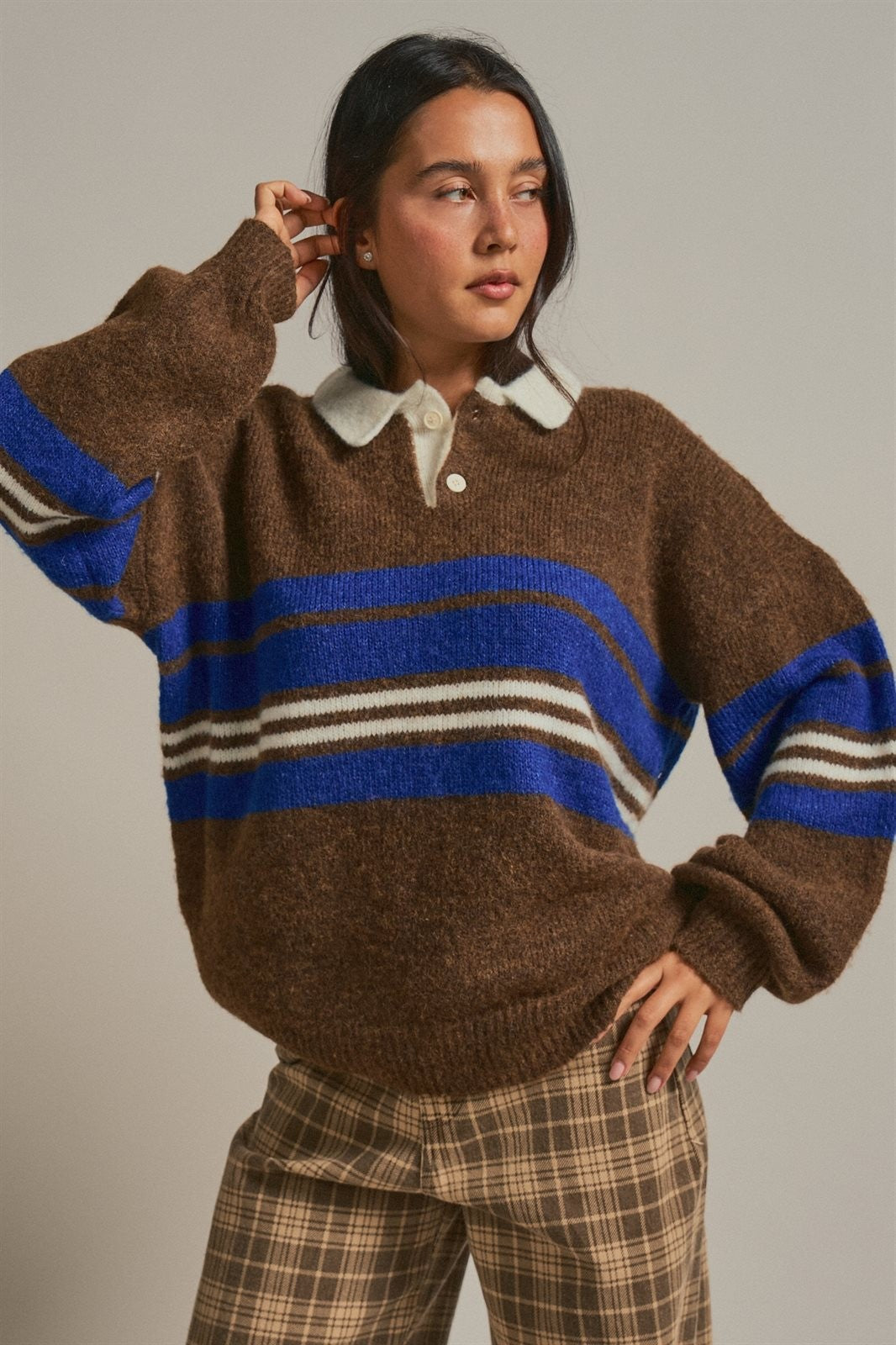 Striped Rugby Polo Sweater with Contrast Collar Wool Blend in Brown - Women's Wholesale Sweaters | Trend Notes