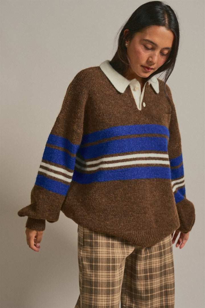 Striped Rugby Polo Sweater with Contrast Collar Wool Blend in Brown - Women's Wholesale Sweaters | Trend Notes