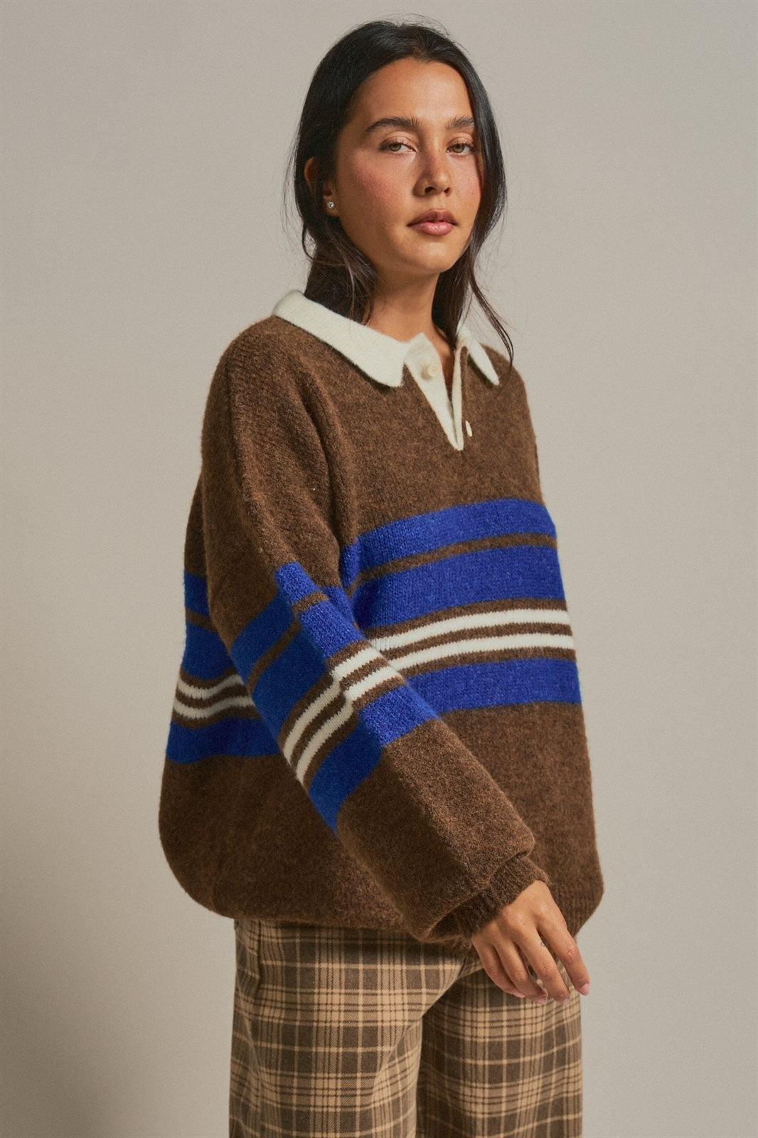 Striped Rugby Polo Sweater with Contrast Collar Wool Blend in Brown - Women's Wholesale Sweaters | Trend Notes