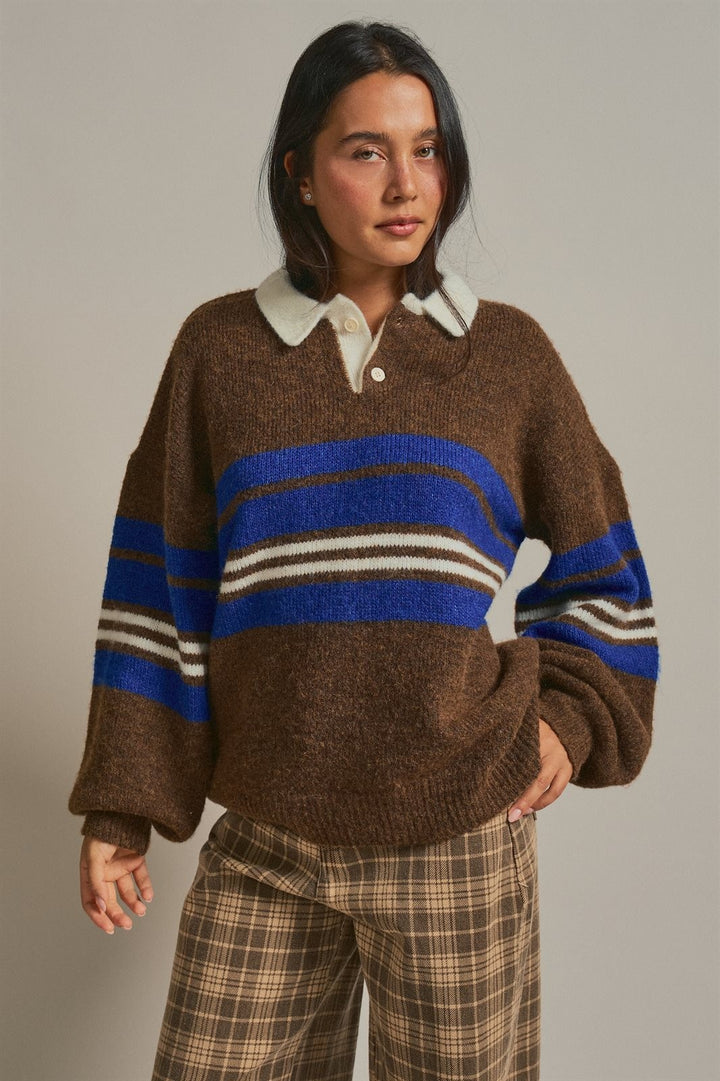 Striped Rugby Polo Sweater with Contrast Collar Wool Blend in Brown - Women's Wholesale Sweaters | Trend Notes