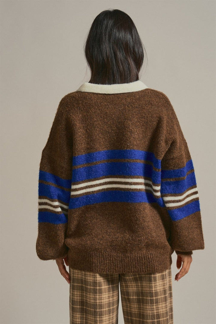 Striped Rugby Polo Sweater with Contrast Collar Wool Blend in Brown - Women's Wholesale Sweaters | Trend Notes