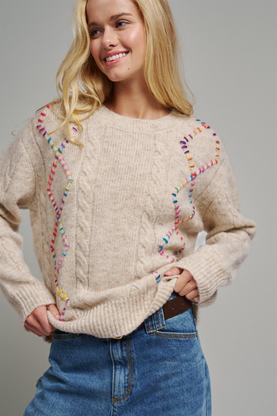Rainbow Embroidered Cable Knit Sweater in Natural - Women's Wholesale Sweaters | Trend Notes