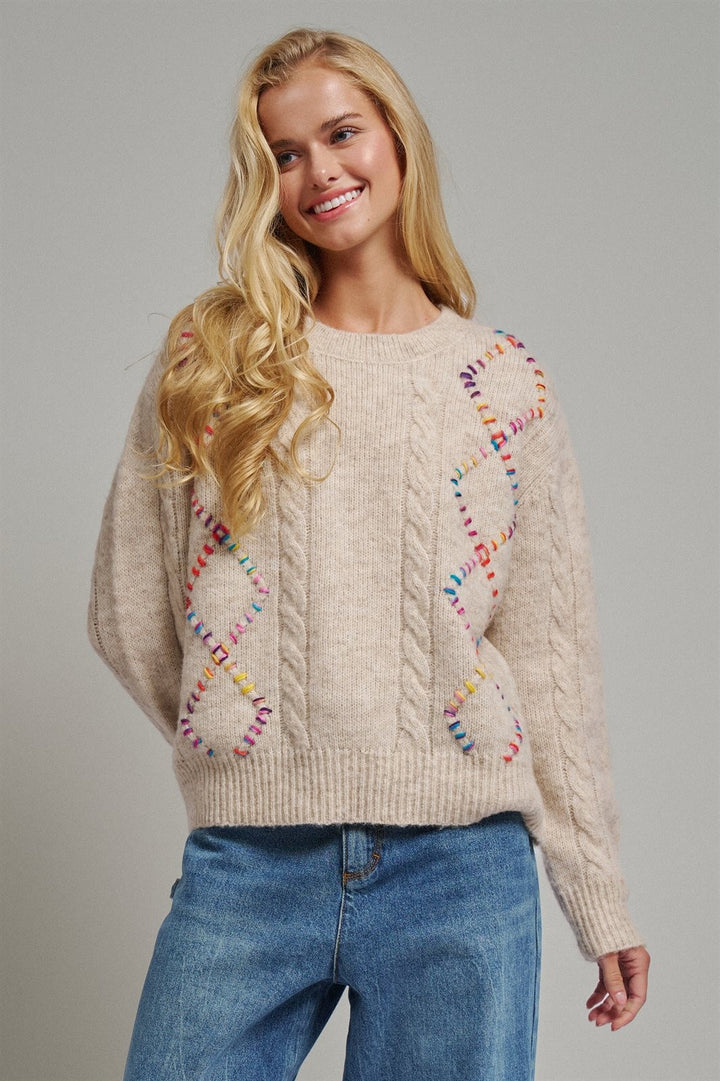 Rainbow Embroidered Cable Knit Sweater in Natural - Women's Wholesale Sweaters | Trend Notes