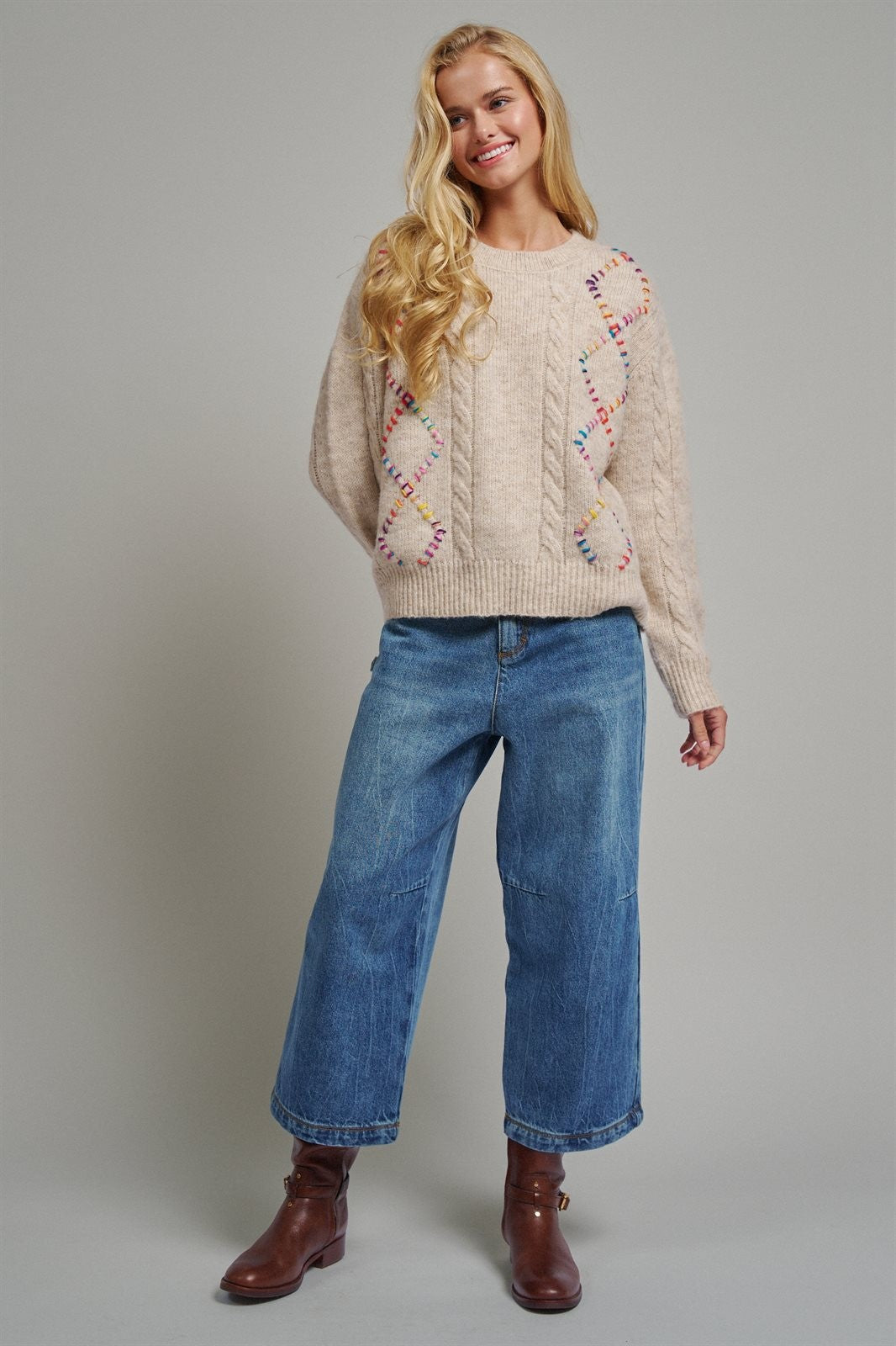 Rainbow Embroidered Cable Knit Sweater in Natural - Women's Wholesale Sweaters | Trend Notes