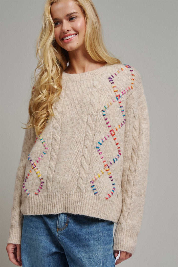 Rainbow Embroidered Cable Knit Sweater in Natural - Women's Wholesale Sweaters | Trend Notes