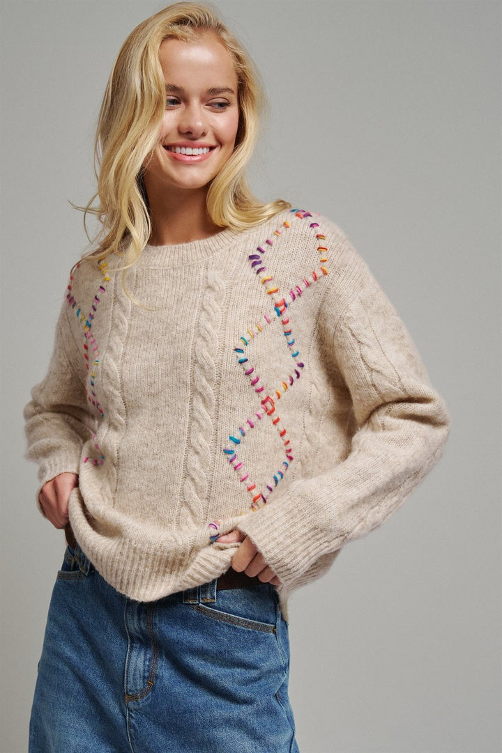 Rainbow Embroidered Cable Knit Sweater in Natural - Women's Wholesale Sweaters | Trend Notes