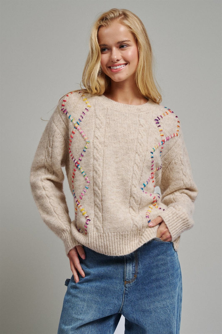 Rainbow Embroidered Cable Knit Sweater in Natural - Women's Wholesale Sweaters | Trend Notes