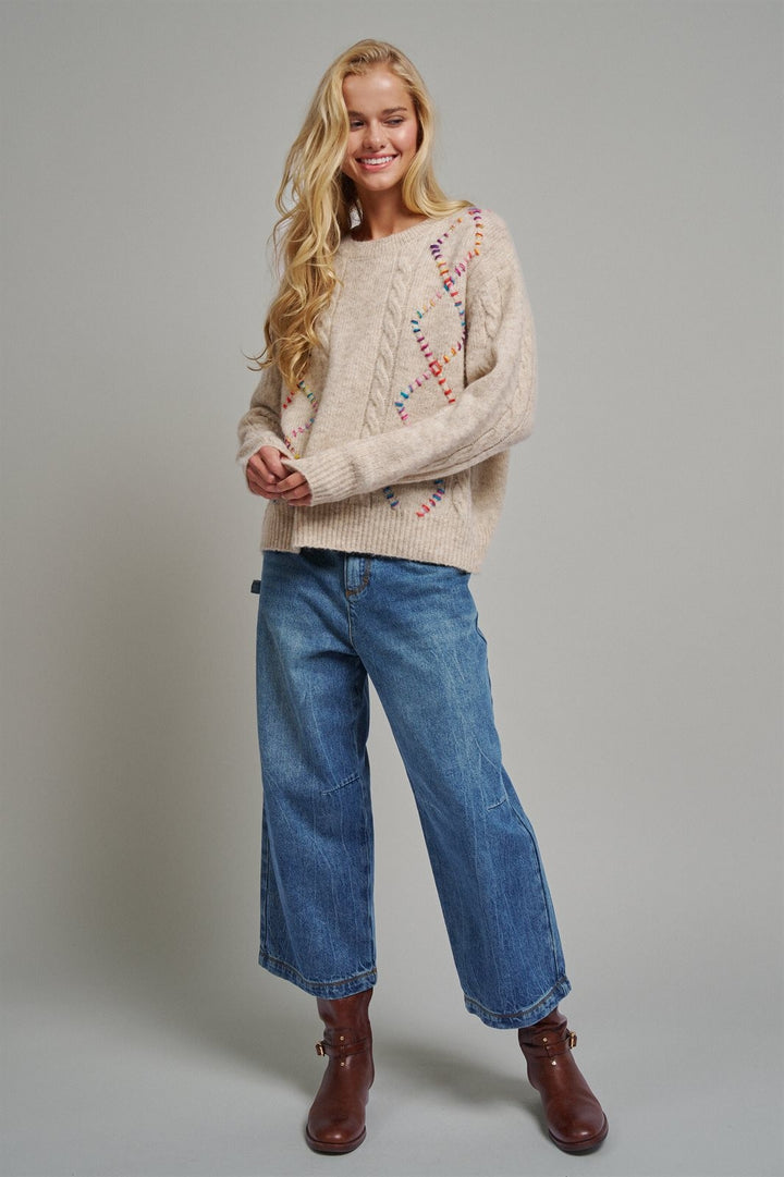 Rainbow Embroidered Cable Knit Sweater in Natural - Women's Wholesale Sweaters | Trend Notes