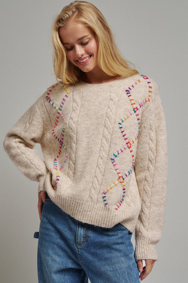 Rainbow Embroidered Cable Knit Sweater in Natural - Women's Wholesale Sweaters | Trend Notes