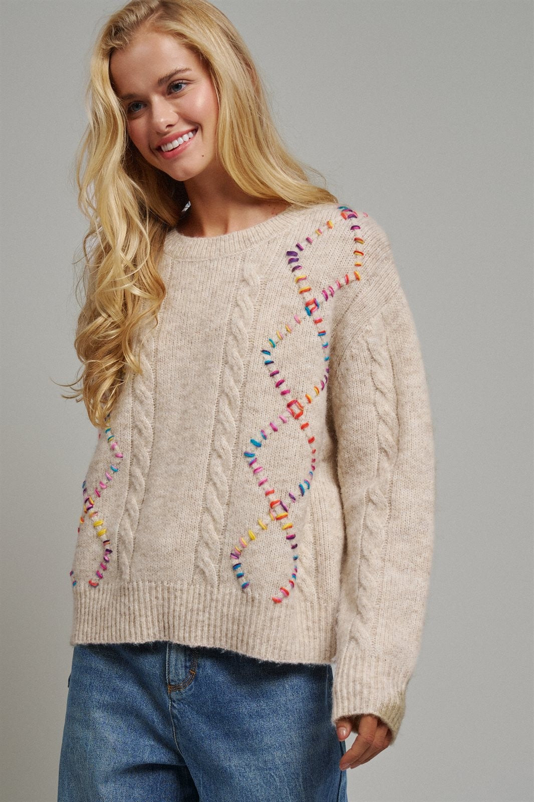 Rainbow Embroidered Cable Knit Sweater in Natural - Women's Wholesale Sweaters | Trend Notes