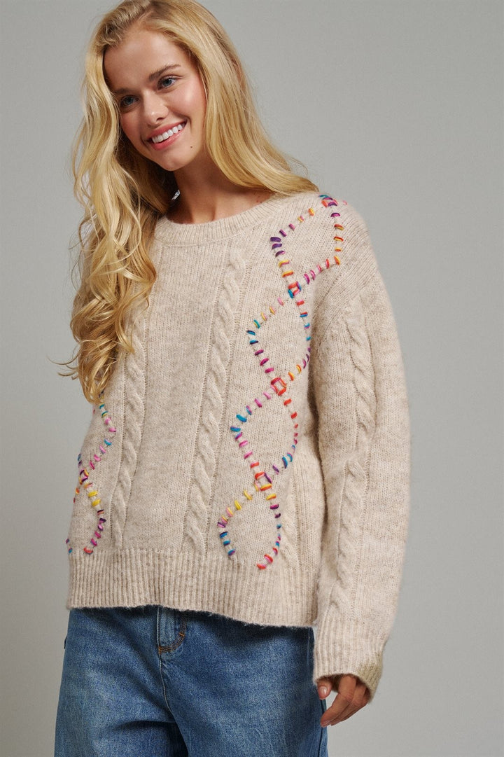 Rainbow Embroidered Cable Knit Sweater in Natural - Women's Wholesale Sweaters | Trend Notes