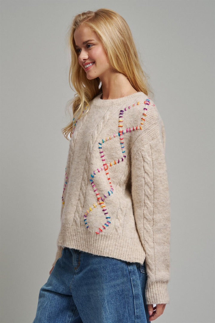 Rainbow Embroidered Cable Knit Sweater in Natural - Women's Wholesale Sweaters | Trend Notes