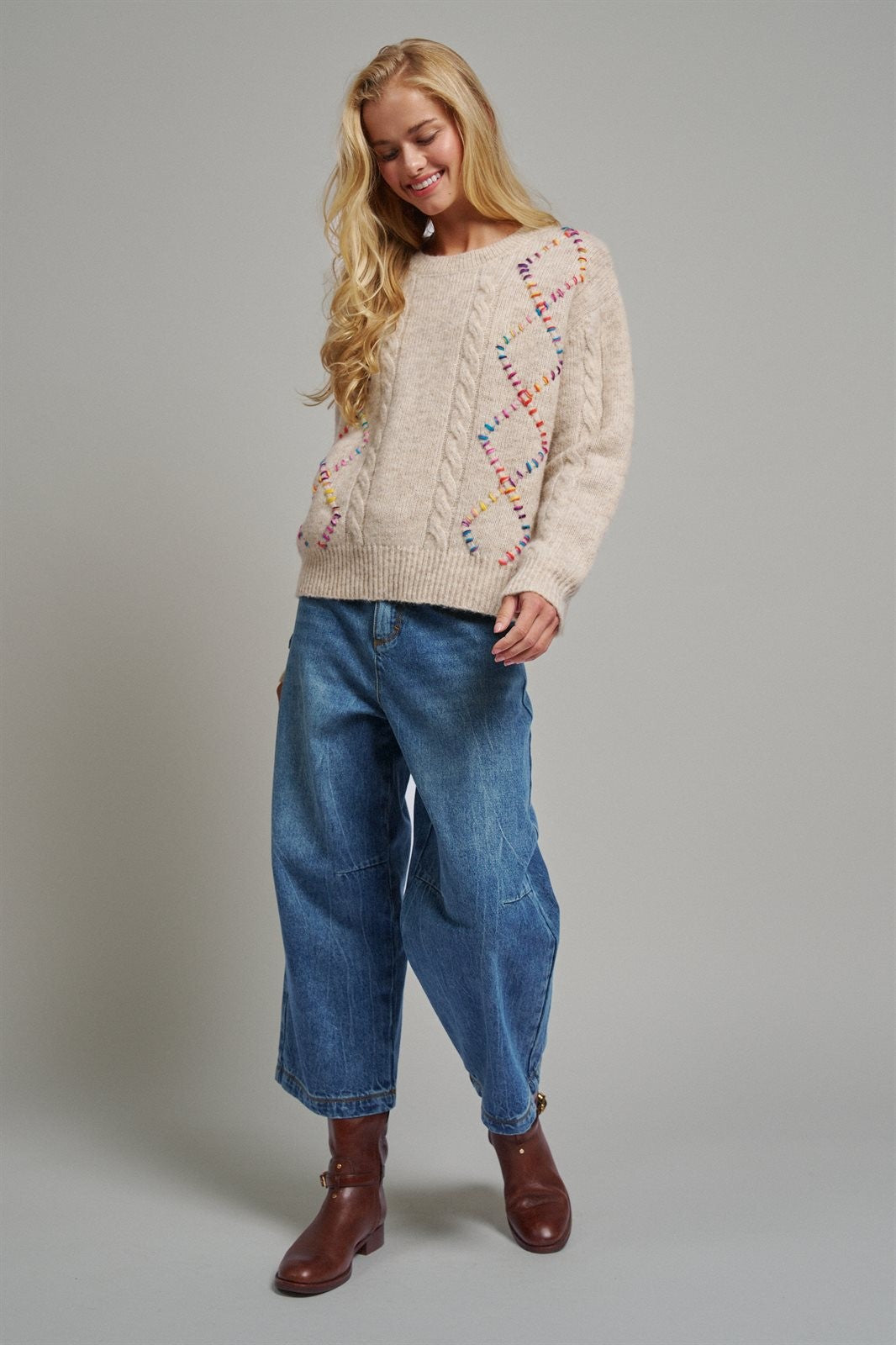 Rainbow Embroidered Cable Knit Sweater in Natural - Women's Wholesale Sweaters | Trend Notes