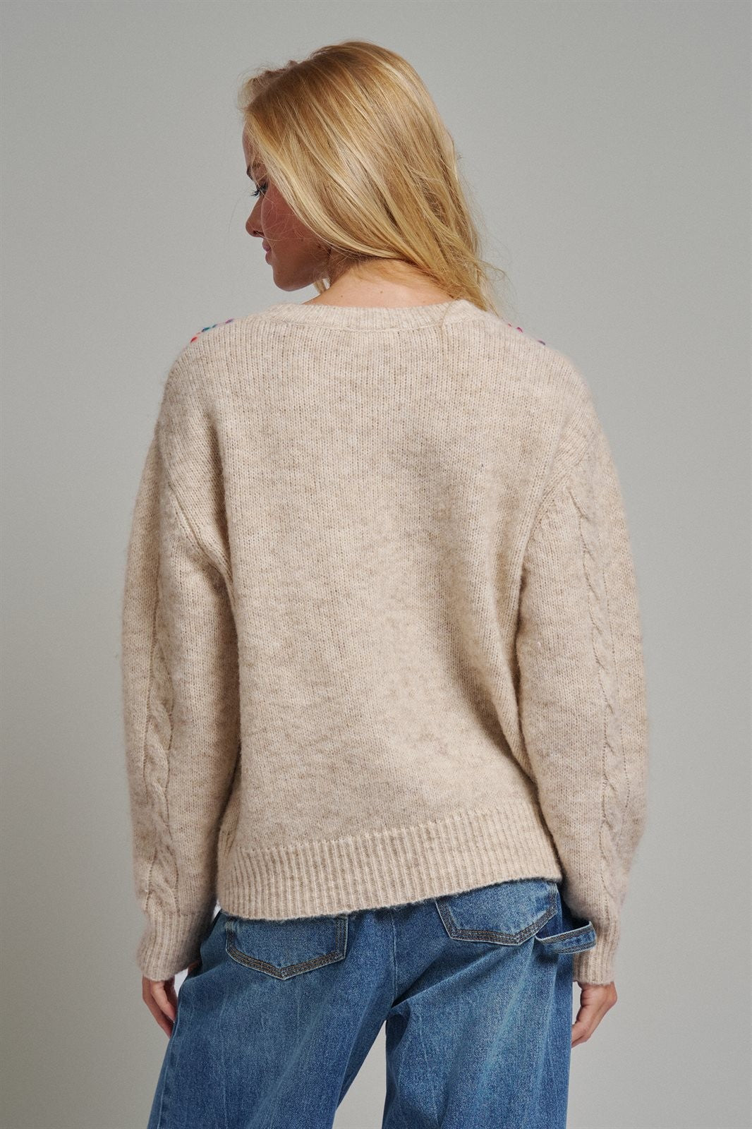Rainbow Embroidered Cable Knit Sweater in Natural - Women's Wholesale Sweaters | Trend Notes