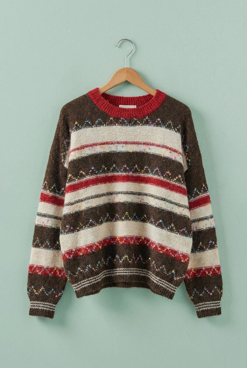 Multicolor Stripe Fair Isle Fuzzy Knit Sweater in Brown - Women's Wholesale Sweaters | Trend Notes
