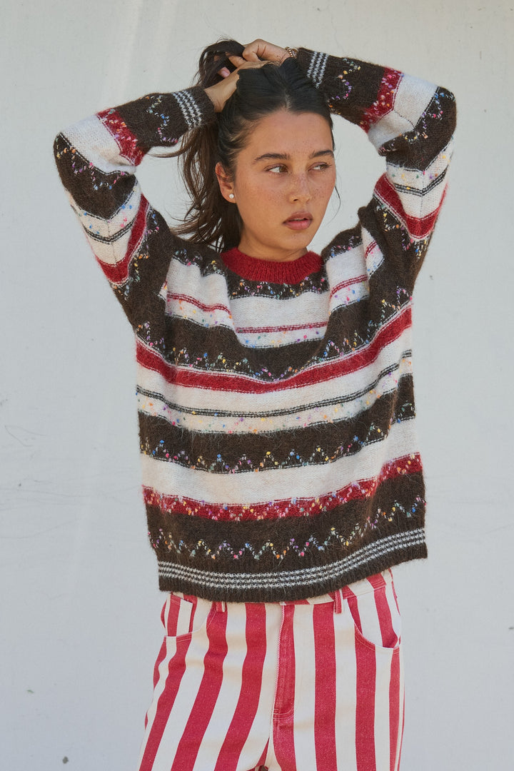 Multicolor Stripe Fair Isle Fuzzy Knit Sweater in Brown - Women's Wholesale Sweaters | Trend Notes
