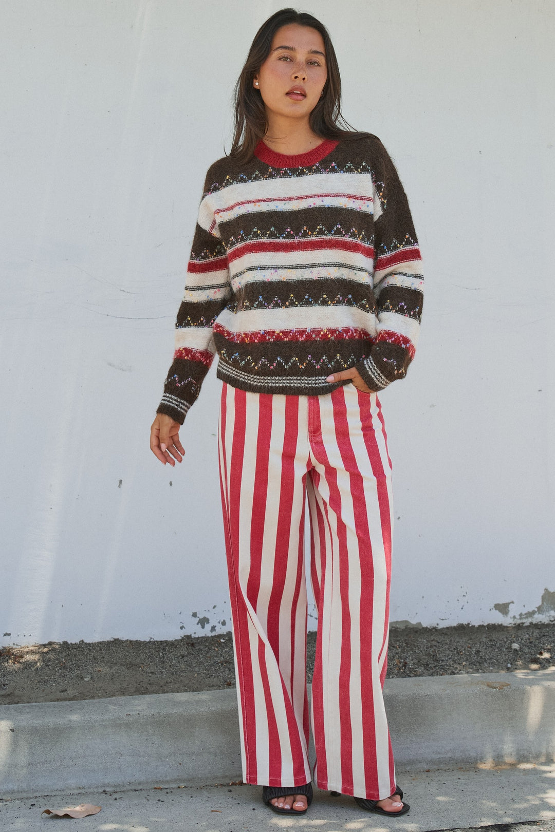 Multicolor Stripe Fair Isle Fuzzy Knit Sweater in Brown - Women's Wholesale Sweaters | Trend Notes