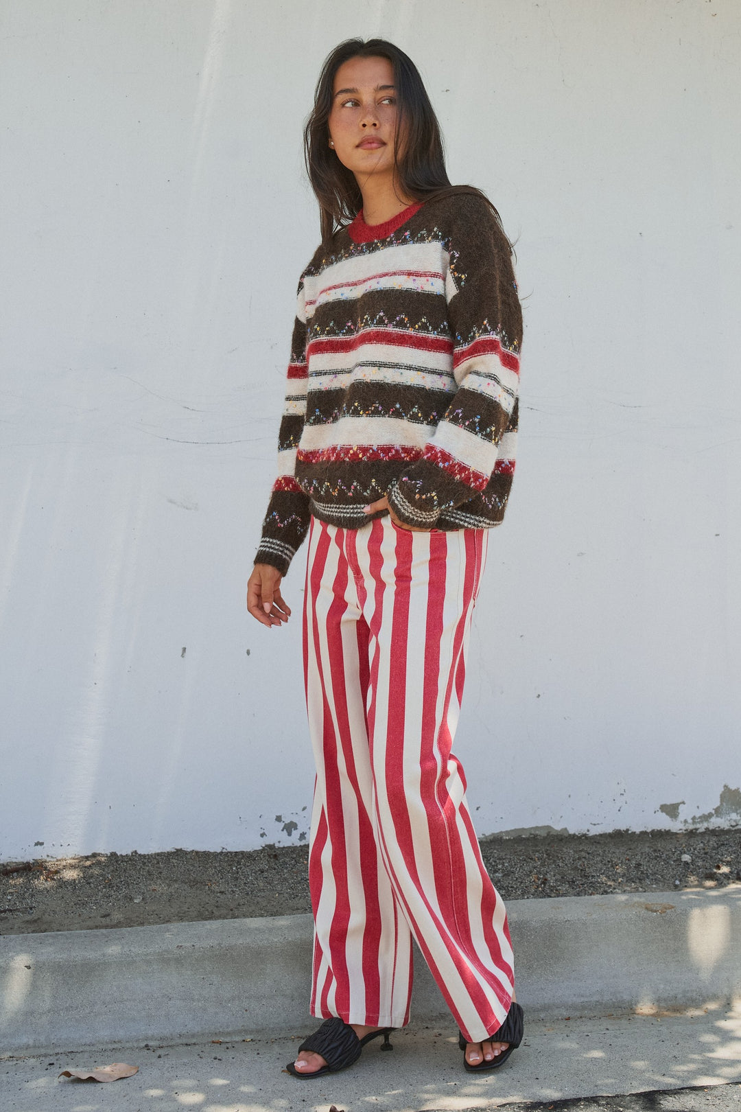 Multicolor Stripe Fair Isle Fuzzy Knit Sweater in Brown - Women's Wholesale Sweaters | Trend Notes