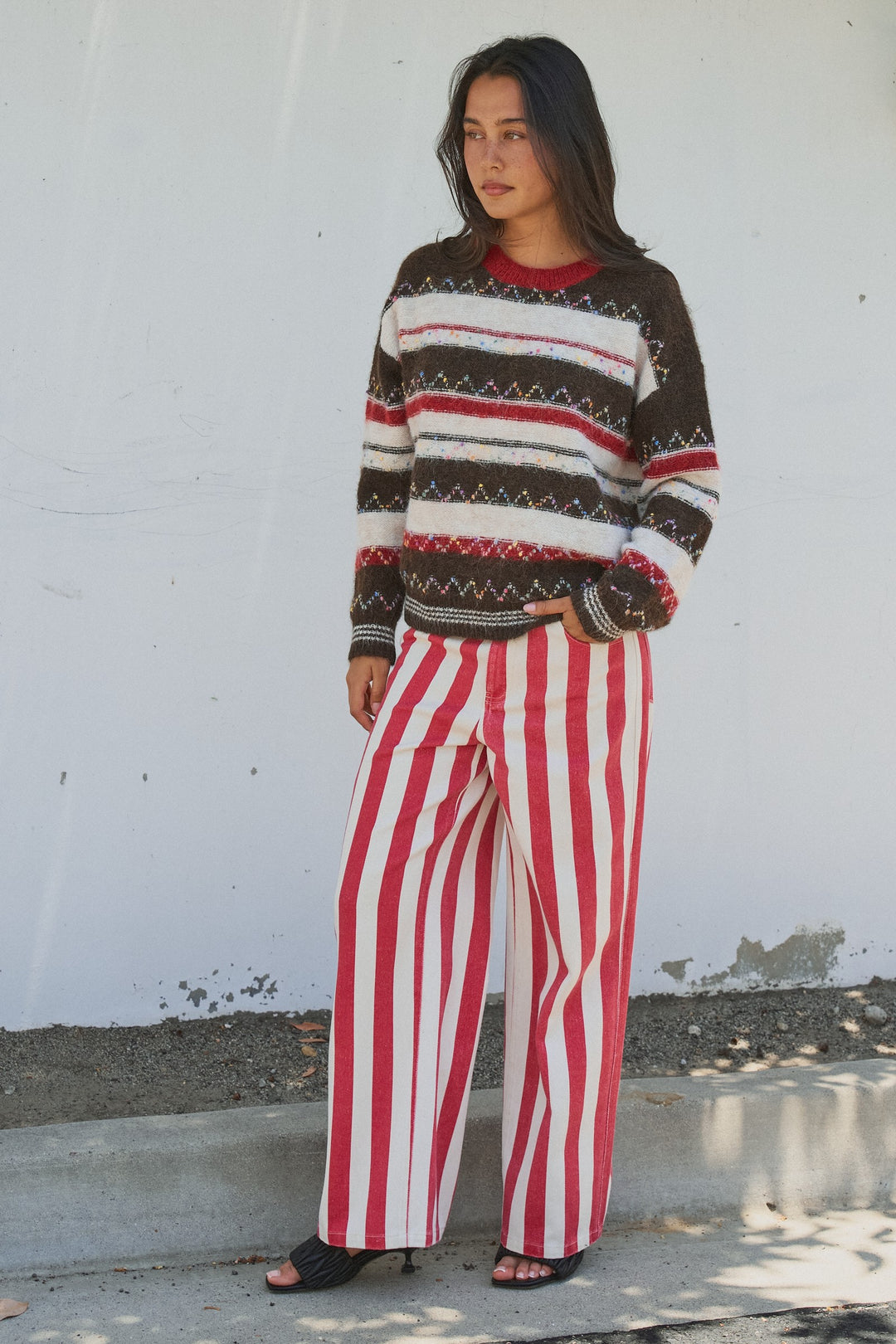 Multicolor Stripe Fair Isle Fuzzy Knit Sweater in Brown - Women's Wholesale Sweaters | Trend Notes