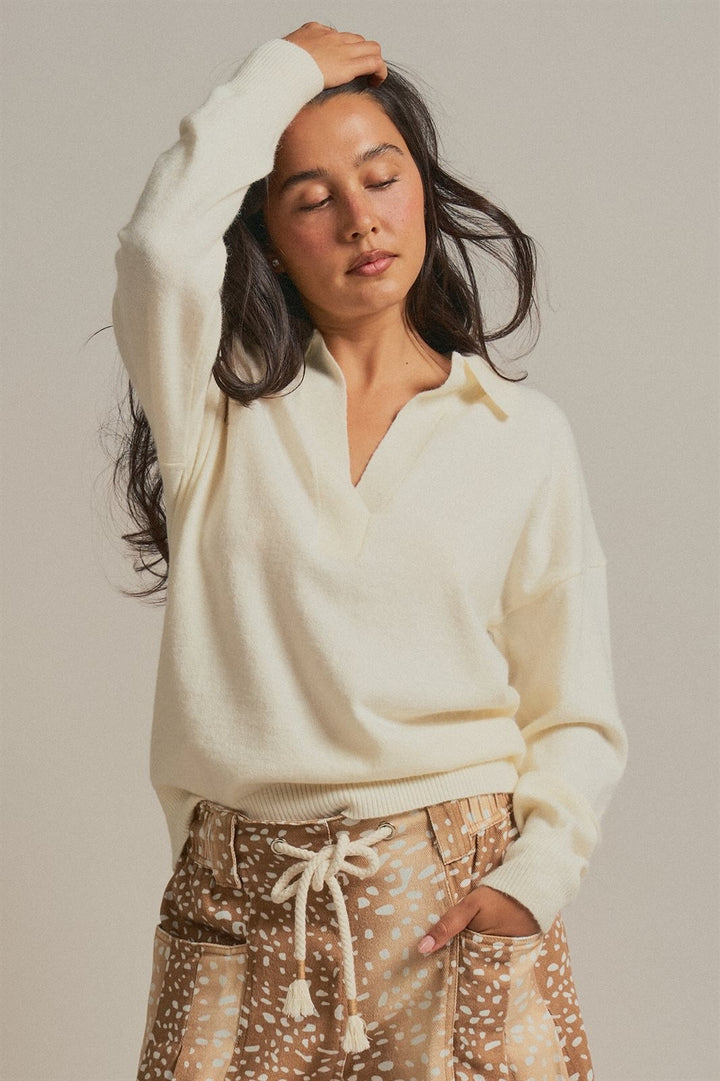 Johnny Collar Brushed Knit Polo Sweater in Ivory - Women's Wholesale Sweaters | Trend Notes