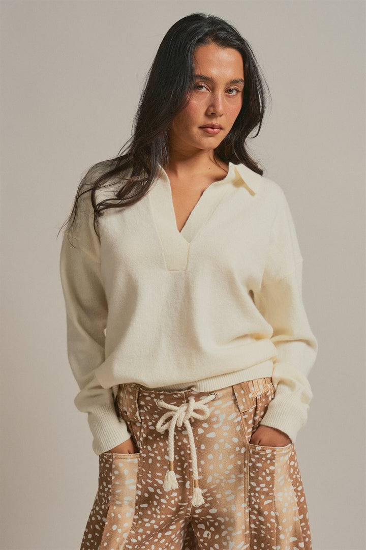 Johnny Collar Brushed Knit Polo Sweater in Ivory - Women's Wholesale Sweaters | Trend Notes