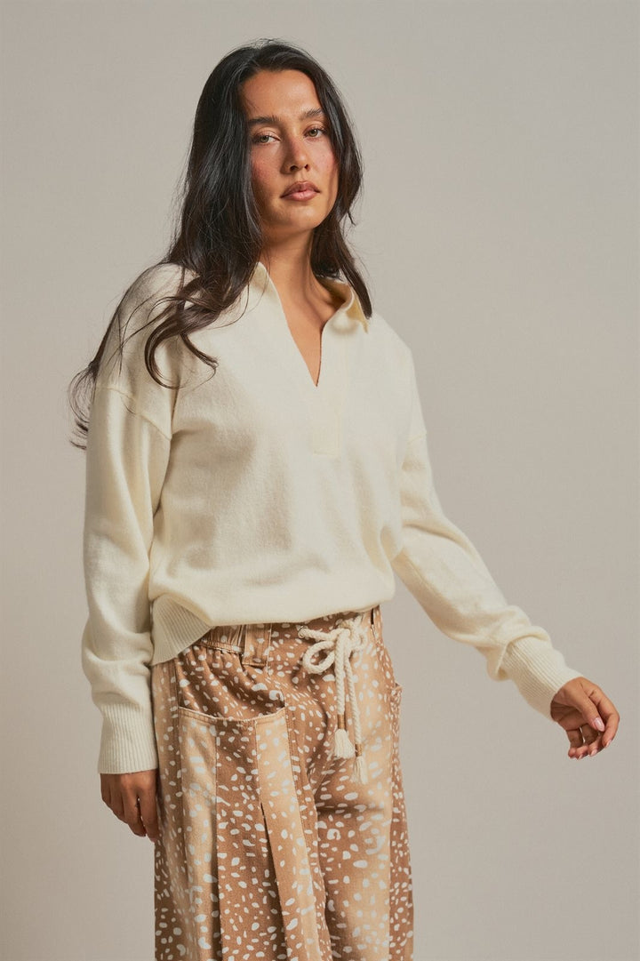 Johnny Collar Brushed Knit Polo Sweater in Ivory - Women's Wholesale Sweaters | Trend Notes