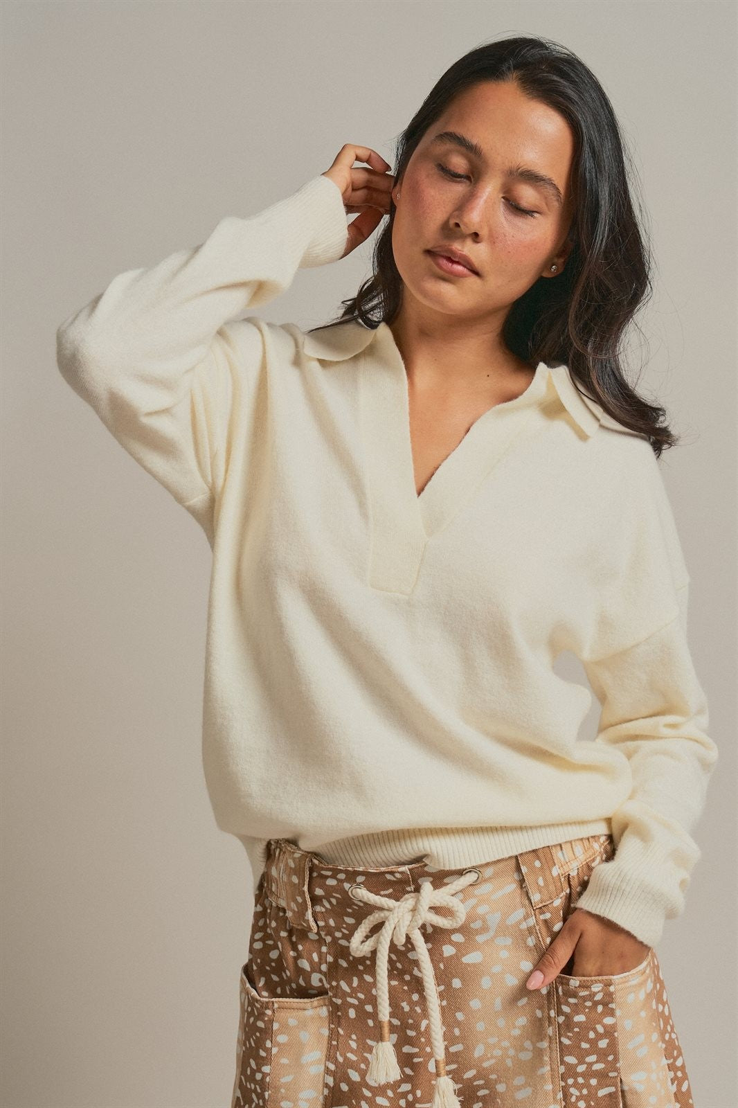 Johnny Collar Brushed Knit Polo Sweater in Ivory - Women's Wholesale Sweaters | Trend Notes