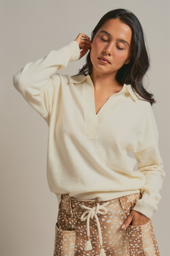 Johnny Collar Brushed Knit Polo Sweater in Ivory - Women's Wholesale Sweaters | Trend Notes