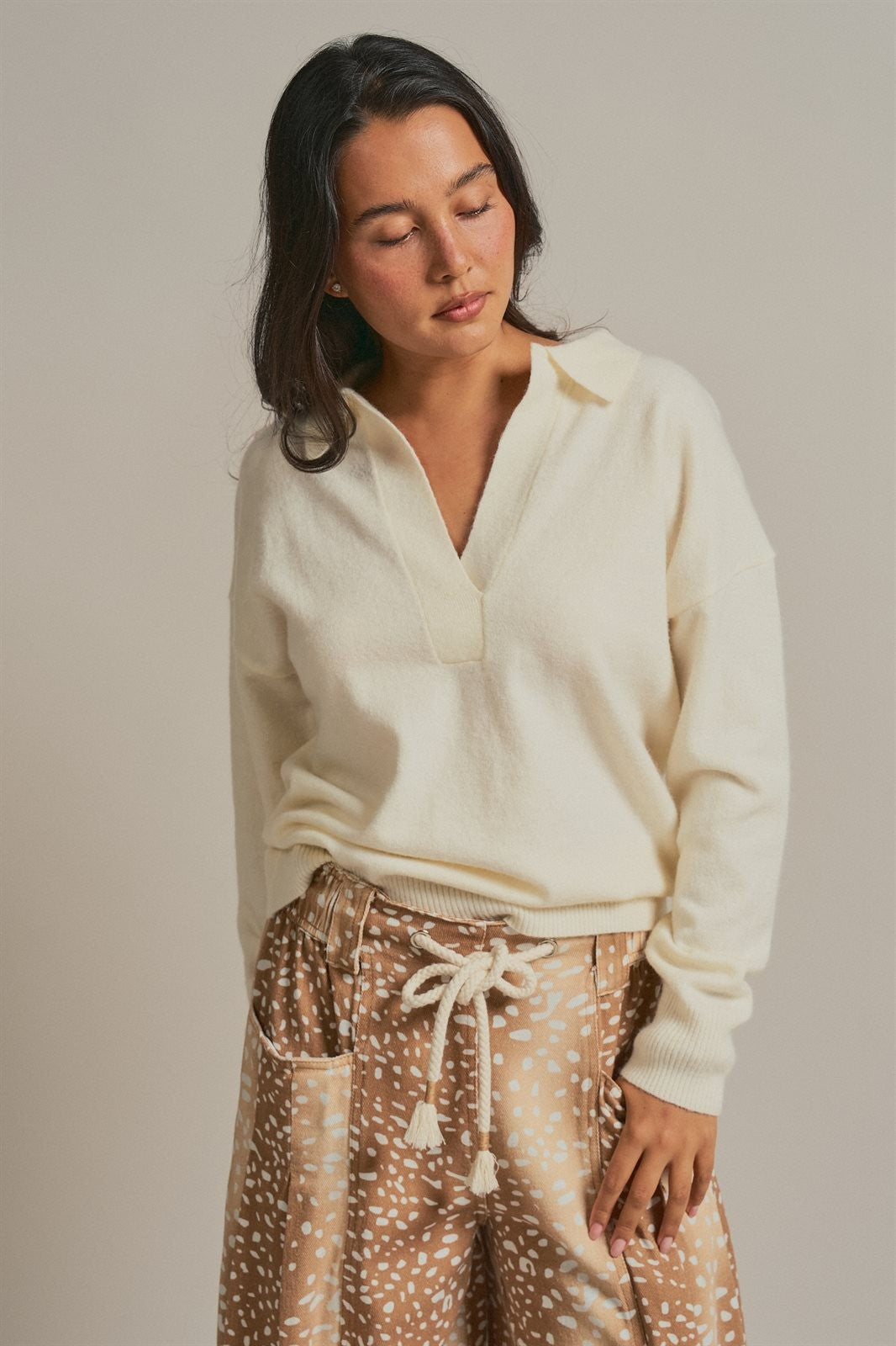 Johnny Collar Brushed Knit Polo Sweater in Ivory - Women's Wholesale Sweaters | Trend Notes