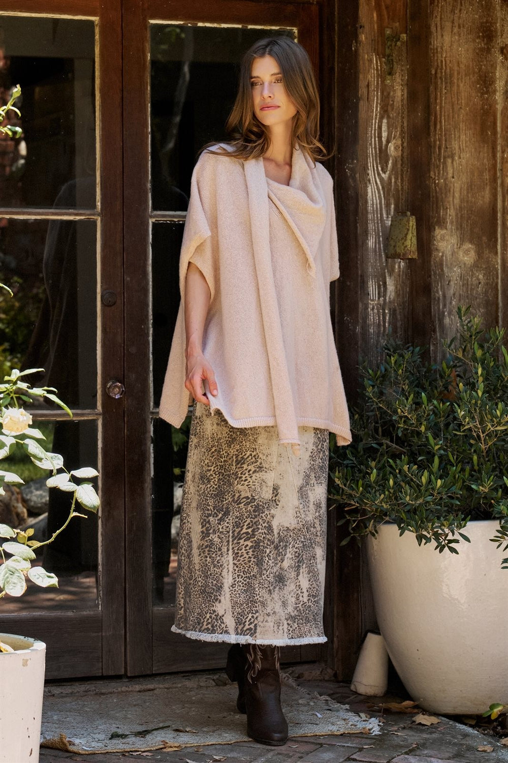 Oversized Knit Poncho Top with Attached Scarf in Ivory - Women's Wholesale Sweaters | Trend Notes