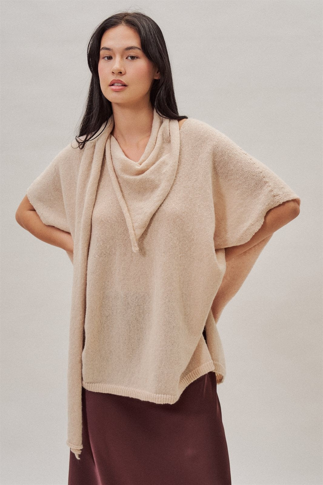 Oversized Knit Poncho Top with Attached Scarf in Ivory - Women's Wholesale Sweaters | Trend Notes