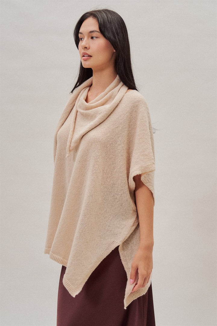 Oversized Knit Poncho Top with Attached Scarf in Ivory - Women's Wholesale Sweaters | Trend Notes