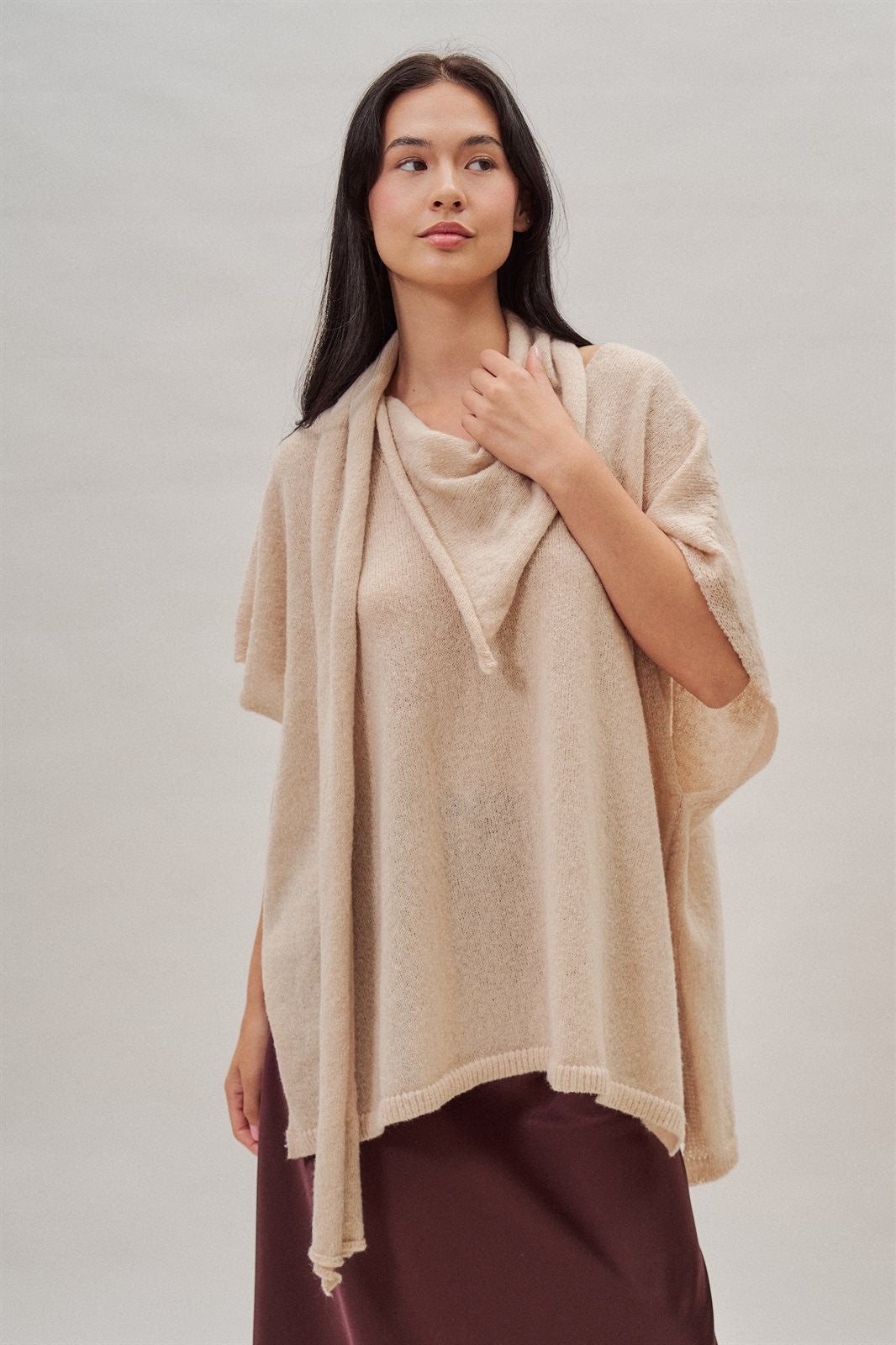 Oversized Knit Poncho Top with Attached Scarf in Ivory - Women's Wholesale Sweaters | Trend Notes