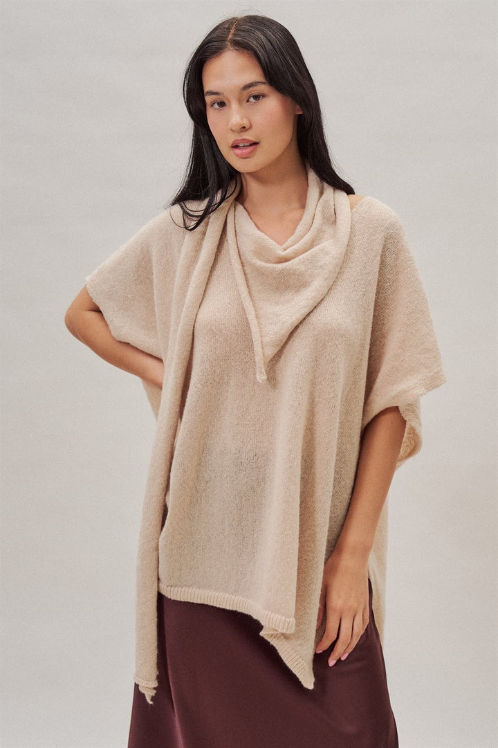 Oversized Knit Poncho Top with Attached Scarf in Ivory - Women's Wholesale Sweaters | Trend Notes