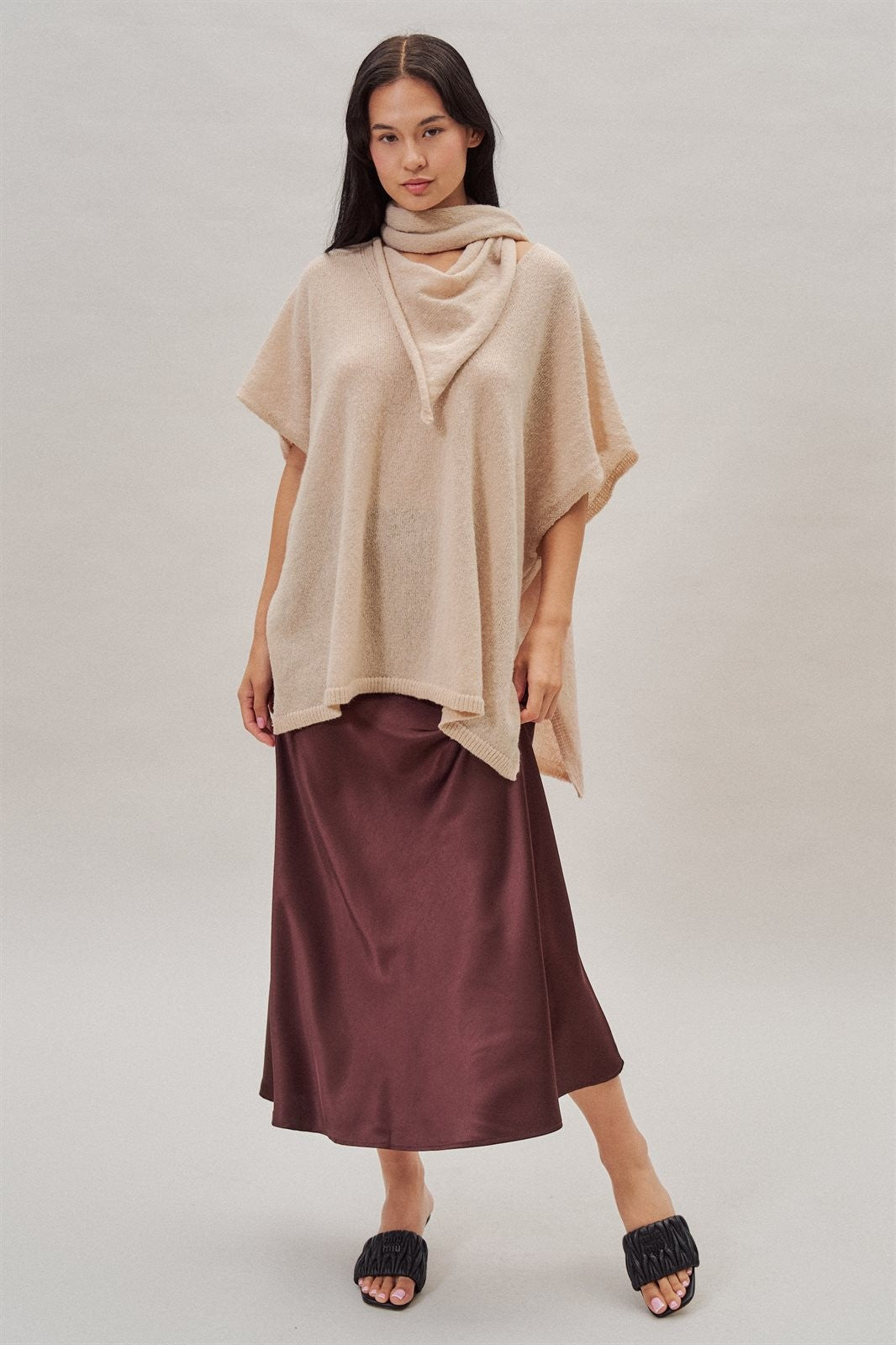 Oversized Knit Poncho Top with Attached Scarf in Ivory - Women's Wholesale Sweaters | Trend Notes